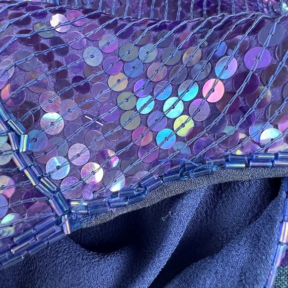 Vintage Silk Sequin Beaded Iridescent Puff Pleated Short Sleeve Button Up Blouse - Picture 7 of 8
